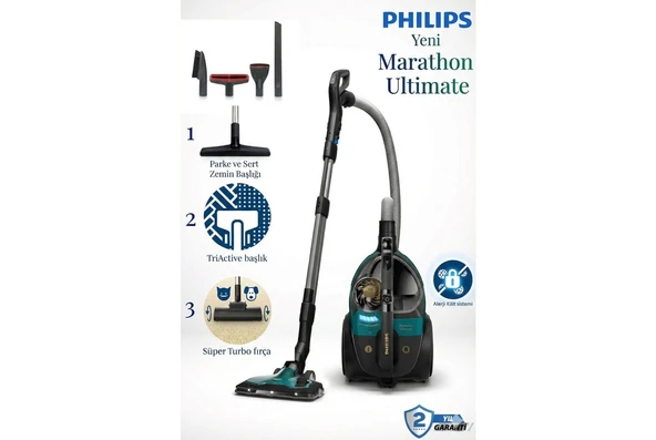 Philips Otomatik Açılıp Kapanma Işıklı Başlık + Turbo Halı Döver Başlık Marathon Ultimate Power Max Sensörlü Powercyclone 10 Teknolojili En Üst Segment Süpürg ürün görseli 1