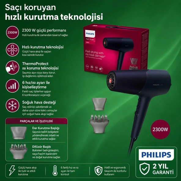 Philips Güçlü 2300 W Iyonik Saç Kurutma Makinesi, Thermoshield Isı Kontrollü Bakım, 6 Ayar, Soğuk Hava, Hacim Difüzörü ve Ince Başlıkla Günlük Kullanım ve Kon ürün görseli 1