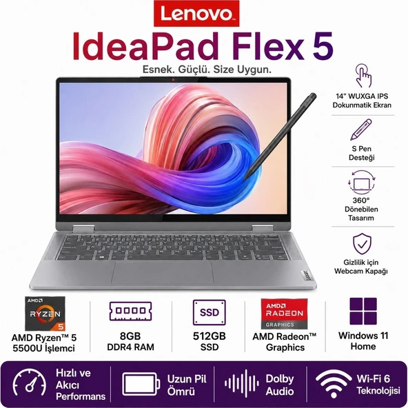 Lenovo 14 Inç Wuxga IPS Dokunmatik 2'si 1 Arada Laptop, Ryzen 5 5500U, 8gb Ram, 512GB Ssd, Windows 11, Radeon Grafik, Kalem Destekli Esnek Bilgisayar, Hafif ürün görseli 1