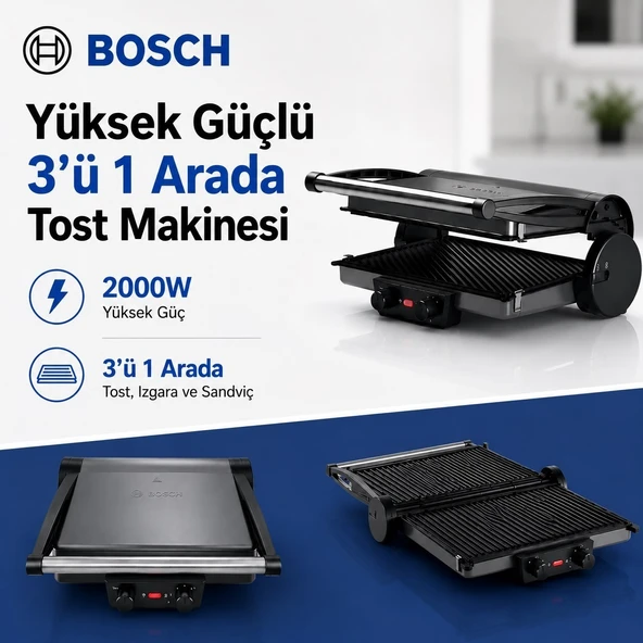 Bosch Ayarlanabilir Isı Kontrollü Güçlü Tost ve Sandviç Makinesi, Yapışmaz Plaka Yüzeyi, Kompakt Gövde ve Kahvaltıdan Izgaraya Pratik Kullanım Avantajı ve G ürün görseli 1