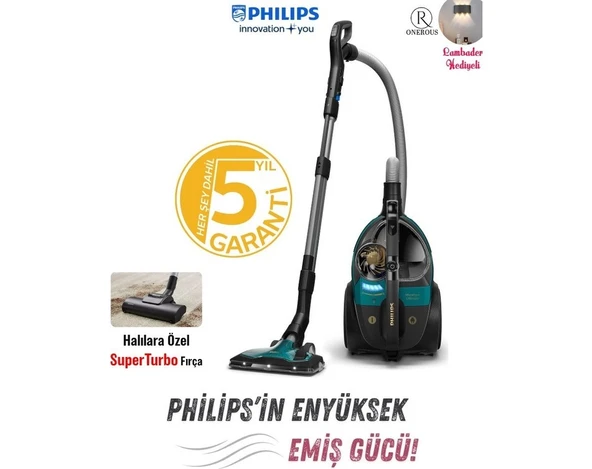Philips Toz Torbasız Süpürge, Yüksek Emiş Gücü, Hijyenik Boşaltma Sistemi ve Sessiz Çalışma,Turbo başlık ve yedek Hepa Filitre paketi ürün görseli 1