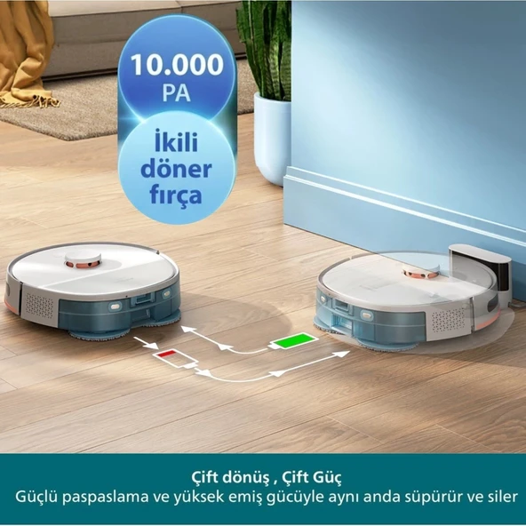 Philips 10000Pa Çift Döner Mop Lazer Teknolojisi Akıllı Robot Süpürge Beyaz ürün görseli 1