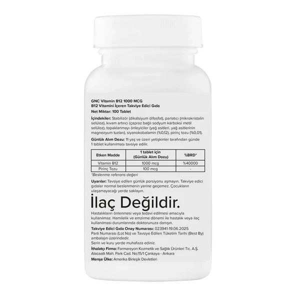 GNC Vitamin B12 1000 MCG - 100 Tablet - Resim 2