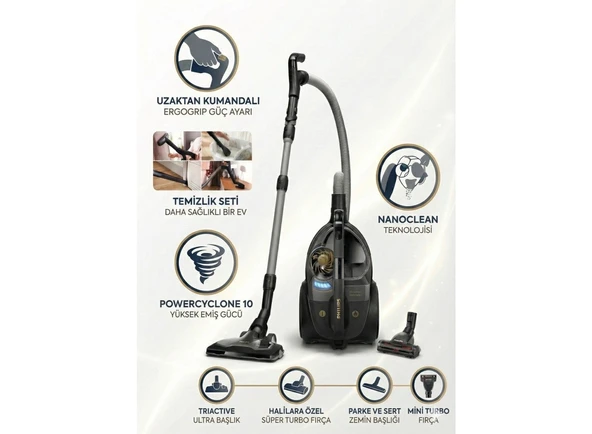 Philips Kumandalı Ergonomik Tutuş Kolu Super Turbo Fırçalı ve Sert Zemin Başlıklı Marathon Ultimate Toz Torbasız Süpürge XB9145+TURBO Başlık ürün görseli 1