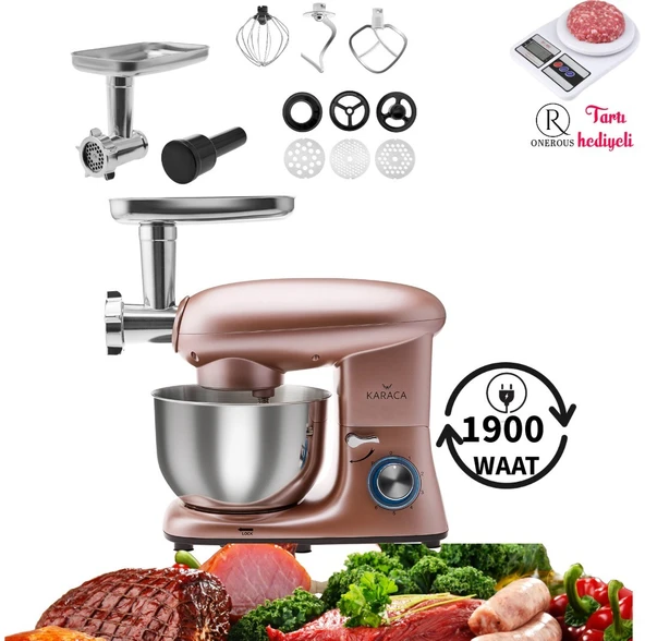 Karaca Kıyma Çekme ve Hamur Yoğurma Sucuk-Sosis/içli Köfte Aparatlı Mutfak Şefi 1900W 5,5 Lt + Hediye ürün görseli 1