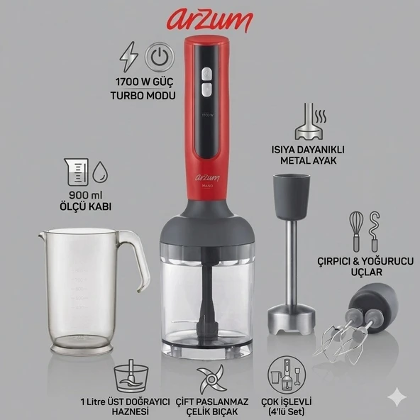 Arzum 1700W Mano El Blender Seti AR1092 Paslanmaz Çelik Doğrayıcı Çırpıcı 600ML Ölçü Kabı Komple Set 3 Yıl Garanti ürün görseli 1