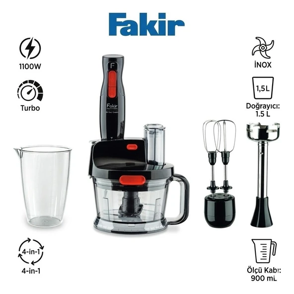 Fakir Mr Chef Quadro 1000W 5 Fonksiyonlu Blender Seti Paslanmaz Çelik Bıçak Doğrayıcı Rendeleme Dilimleme Siyah ürün görseli 1