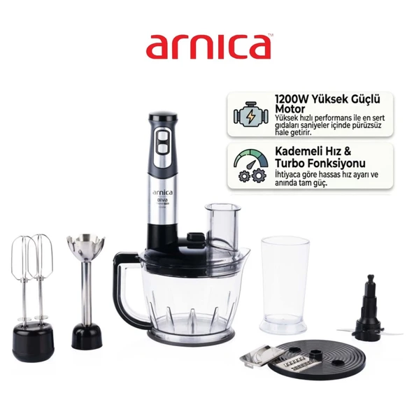 Arnica Diva Trend Pro GH21801 1200W Paslanmaz Çelik Bıçaklı Rendeli Doğrayıcı Çırpıcılı Blender Seti Gümüş ürün görseli 1