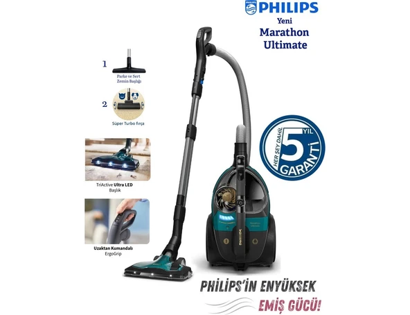 Philips Marathon Ultimate LED Işıklı Başlık, Kumandalı Kontrol Toz Torbasız Süpürge Allergy H13 Filtreli Temizlik + Turbo Başlık Hediyeli ürün görseli 1
