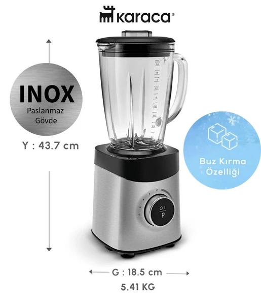Karaca Dijital Ekranlı Inox Paslanmaz Gövde 1,8 Litre CAM hazne 1800W Yüksek Güçlü Buz Kırma Özellikli Smoothie Blender ürün görseli 1