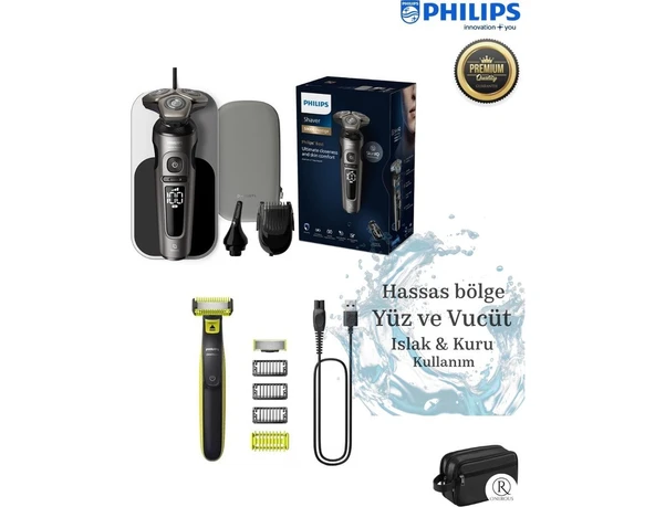 Philips SIfır Traş-Burun Vucüt Erkek Bakım Seti- Premium Kablosuz, 7 yıl motor ve pil ömrü SP9872/22 9000 Serisi Islak Kuru Tıraş Makinesi+One Blade Hafif Pra ürün görseli 1