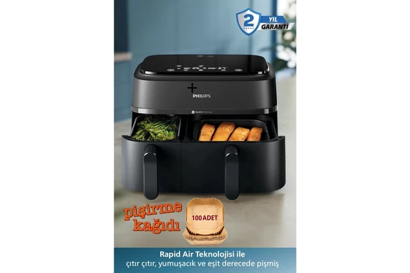 Philips Çift Hazneli Büyük Hacim – 6 L + 3 L ile Maksimum Esneklik 3000 Serisi Çift Hazneli Airfryer & Fritöz-Dokunmatik Dijital Kontrol Paneli – 8 Ön Ayar il ürün görseli 1
