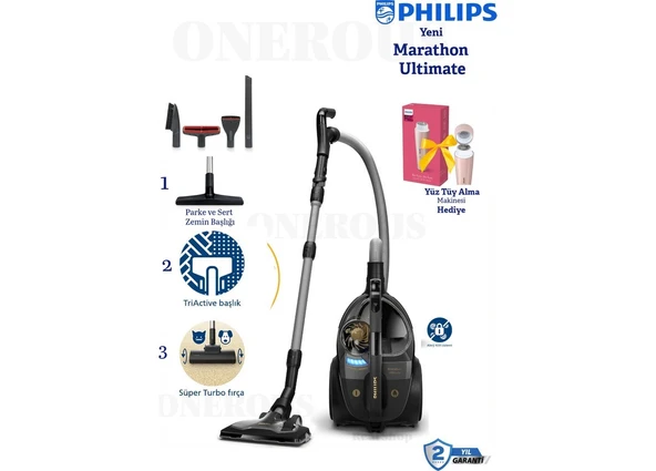 Philips Marathon Ultimate Toz Torbasız Elektrikli Süpürge | Evcil Hayvan Tüylerine Etkili | Yüksek Emiş Gücü ve Gelişmiş Filtreleme + Philips Mini Yüz Tüy Tem ürün görseli 1