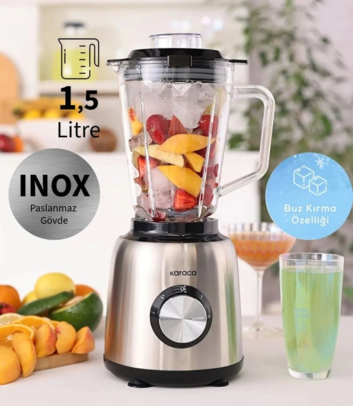 Karaca 6 Paslanmaz Çelik Bıçak 1,5 lt Geniş Cam Haznesi 1000W Kompakt Tasarım Buz Kırıcı Inox Bıçaklı Kişisel Smoothie Blender ürün görseli 1