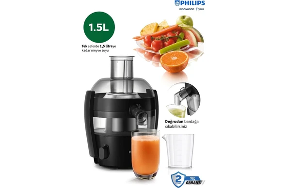 Philips Maksimum Meyve Suyu. Minimum Zahmet-Viva Collection Katı Meyve Sıkacağı, 500W, 1,5 Lt, Quickclean, Damlama Önleyici, HR1832/00 ürün görseli 1