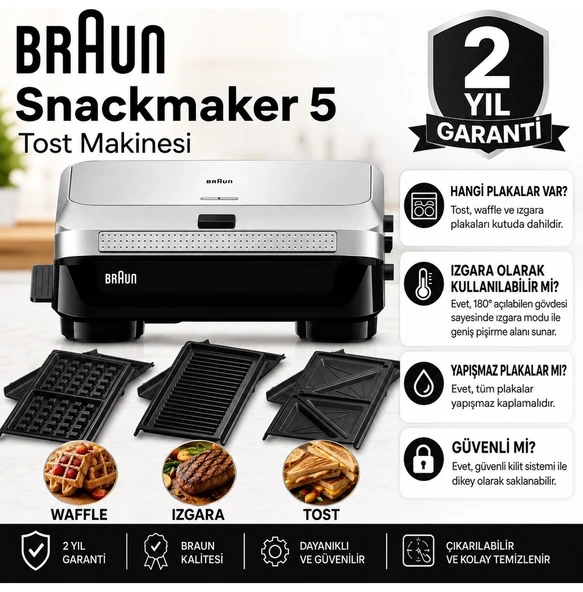Braun Sandviç, Waffle ve Izgara Için Çok Yönlü Gümüş Tost Makinesi, Çıkarılabilir Plaka Setleri ve Yapışmaz Yüzeyiyle Günlük Mutfak Kullanımına Pratik Çözüm ürün görseli 1