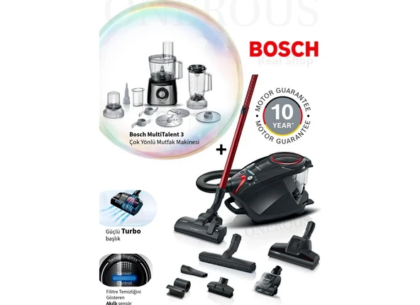 Bosch Serie 8 Akıllı Filitreli Turbo Başlık Güçlü Motor, Toz Torbasız Süpürge +Bosch Mutfak Robotu Multitalent 3 800 W ürün görseli 1
