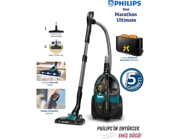 Philips Kumandalı Kontrol Güçlü Emiş, LED Işıklı Başlık ve Hepa Filtre ile Tozdan Iz Bırakmaz-Turbo Halı Döver Başlıklı Toz Torbasız Süpürge ürün görseli 1