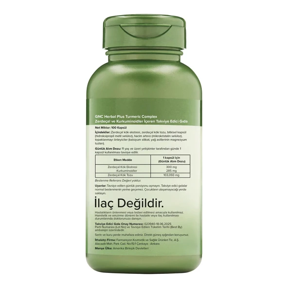 GNC Herbal Plus Turmeric Complex - 100 Kapsül - Resim 2