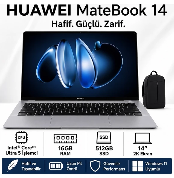Huawei 14,2 Inç 2.8k OLED Dokunmatik Laptop, Core Ultra 5 125H, 16GB Ram, 512GB Ssd, Freedos, Arc Grafik, Yüksek Çözünürlüklü Hafif Ofis Bilgisayarı, Hafif T ürün görseli 1