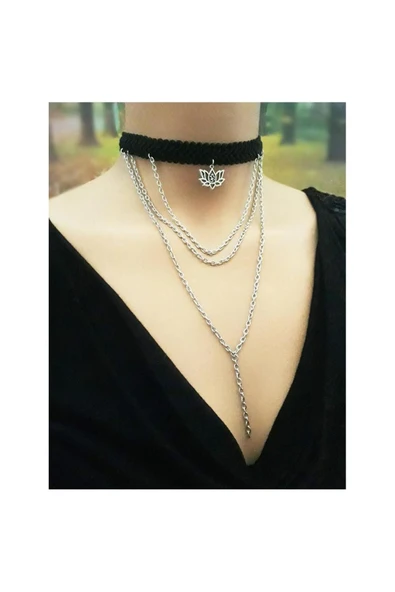 Lotus Çiçeği & Zincir & Özel Dokuma Kadın Choker Kolye ürün görseli 1