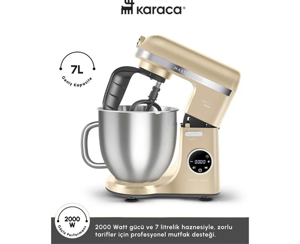 Karaca 2000W Yüksek Güçlü ve 7 Litrelik Büyük Hazneli Dijital Ekranlı Çırpma, Karıştırma ve Hamur Yoğurma Makinesi & Mutfak Şefi + Hassas Mutfak Tartı ürün görseli 1