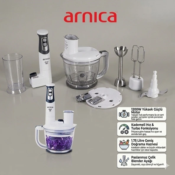 Arnica GH21800 Diva Pro 1200W Rendeli El Blender Seti 1.75L Geniş Hazne Paslanmaz Çelik Bıçak Rendeleme Dilimleme Beyaz ürün görseli 1