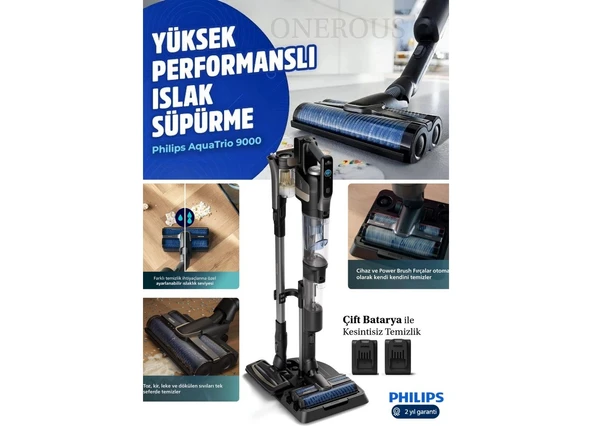 Philips 90 Dk Kesintisiz Temizlik Çift Bataryalı 9000 Serisi Aqua Trio Islak & Kuru ve Mop Özellikli Istasyonlu Dikey Süpürge ürün görseli 1