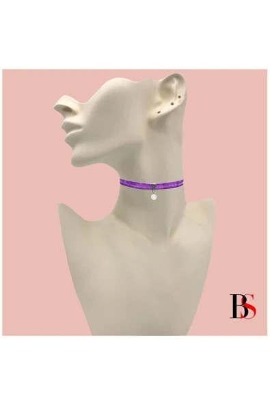 Mor Renk Kadife Kadın Akrilik Inci Choker Kolye ürün görseli 1