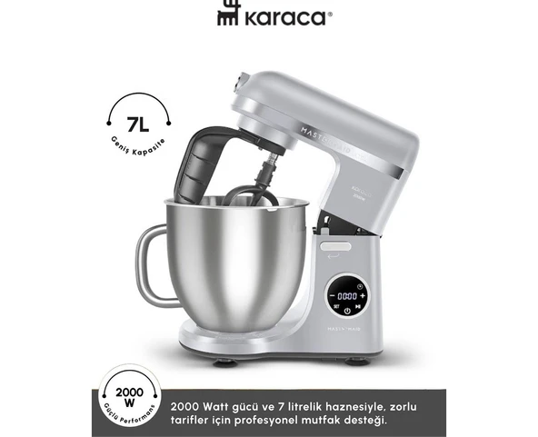 Karaca 2000W Yüksek Güçlü ve 7 Litrelik Büyük Hazneli Dijital Ekranlı Çırpma, Karıştırma ve Hamur Yoğurma Makinesi & Mutfak Şefi + Hassas Mutfak Tartı ürün görseli 1