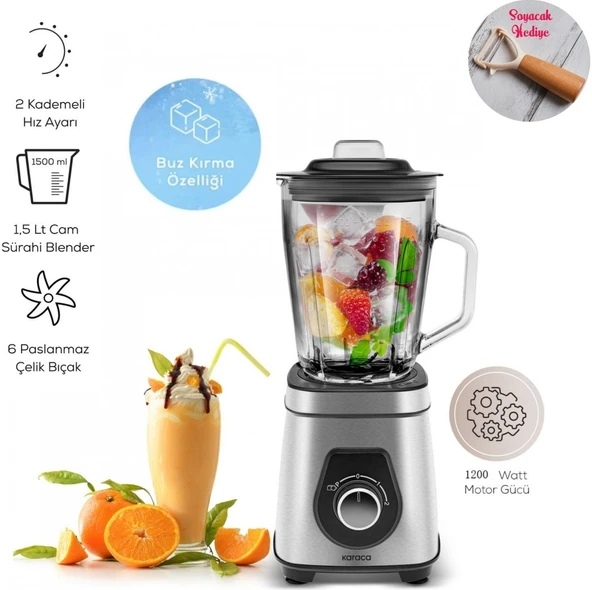 Karaca Smothiler, Milkshakeler, Sebze Suları Buz Kırıcı 1,5 Lt Cam Hazneli Smoothie Blender 1200WAAT Güç Inox Gövde ürün görseli 1