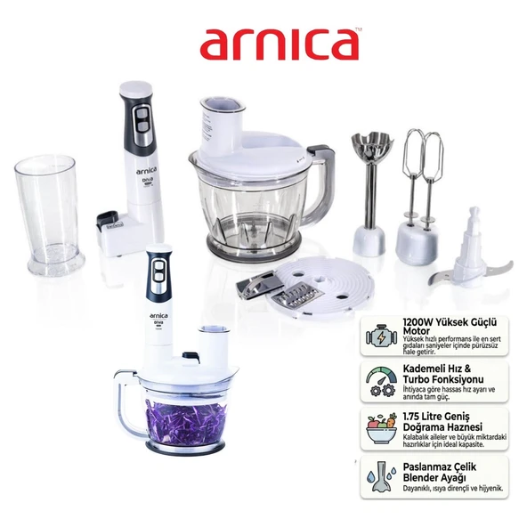 Arnica 1200 Watt Diva Pro El Blender Set GH21800 Rende Dilimleme Doğrayıcı 1.75L Hazne Komple Mutfak Seti Beyaz ürün görseli 1