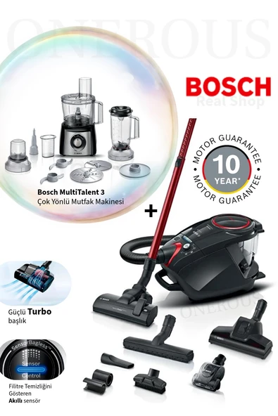 Bosch Serie 8 Ecil Hayvan &Turbo Başlık Güçlü Motor, Toz Torbasız Süpürge +BOSCH Mutfak Robotu MultiTalent 3 800 W ürün görseli 1