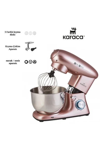 Karaca 1900W Kıyma Ve İçli Köfte Aparatlı 5,5 Lt Kapasiteli Stand Mikser Rose Gold Mutfak Şefi ürün görseli 1