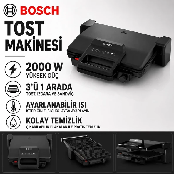 Bosch Siyah Renkli 2000 W Tost ve Izgara Makinesi, Geniş Pişirme Alanı, Ayarlanabilir Isı Seviyesi ve Kolay Temizlenen Plaka Yapısıyla Pratik Kullanım ve Gü ürün görseli 1