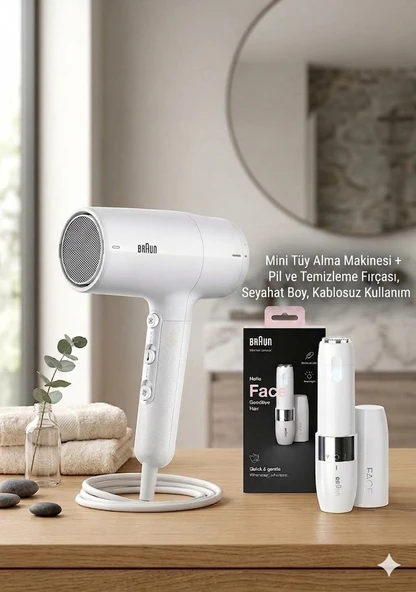 Braun BRHD210E Hd2.1 Saç Kurutma Makinesi, 1 Başlıklı, 2100W  Braun FS1000 Mini Tüy Alma Makinesi + Pil ve Temizleme Fırçası, Seyahat Boy, Kablosuz ürün görseli 1