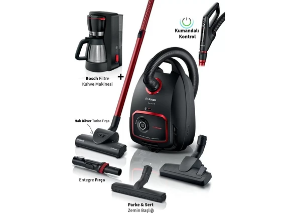 Bosch Kumandalı Kontrol Turbo Halı Döver Başlıklı Serie 6 Propower 850 W Toz Torbalı Süpürge + Bosch Filtre Kahve Makinesi ürün görseli 1