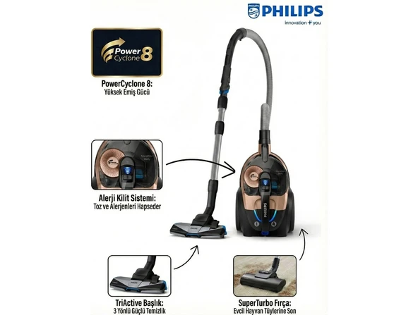 Philips Halı Döver Başlıklı Marathon Daily Serisi Powercyclone 8 Teknolojisi Allergy H13 Filtreli Kompakt Tasarımlı ve Yüksek Emiş Gücüne Sahip Torbasız Süpür ürün görseli 1
