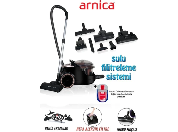 Arnica Turbo Başlık + Ekstra Mini Turbo Fırça Bora 2400W Yüksek Çekim Gücü Su Filtreli Özel Su Hazneli Sistemi Ile Tozu Suya Hapseder Hepa 13 Filtreli Sulu S ürün görseli 1
