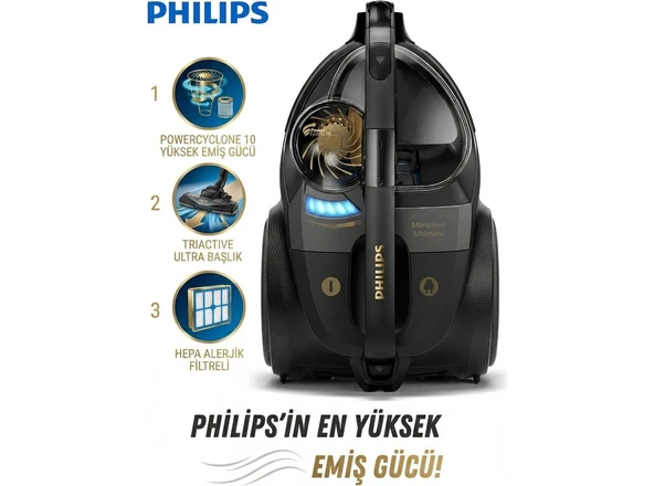 Philips Turbo Başlıklı Halı Döver Fırça ve Kumandalı Kontrol Marathon Ultimate Powercyclone 10 Teknolojisiyle Toz Torbasız Süpürge XB9145 ürün görseli 1