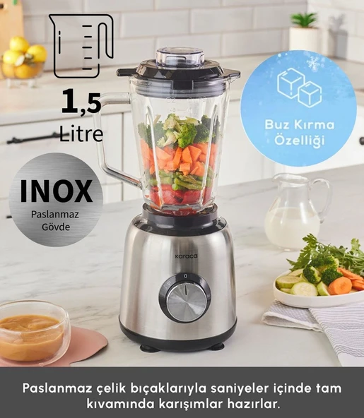 Karaca 1,5 lt Geniş Cam Haznesi 1000W Kompakt Tasarım Buz Kırıcı Inox 6 Paslanmaz Çelik Bıçak Smoothie Blender ürün görseli 1