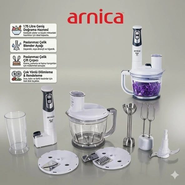 Arnica Diva Pro GH21800 1200W Paslanmaz Çelik Bıçaklı Rendeli Doğrayıcı El Blender Seti 1.75 Litre Beyaz ürün görseli 1