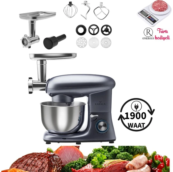 Karaca Kıyma Çekme ve Hamur Yoğurma Vb. 5,5 Lt Sucuk-Sosis/içli Köfte Aparatlı Mutfak Şefi 1900W - Hediyeli ürün görseli 1