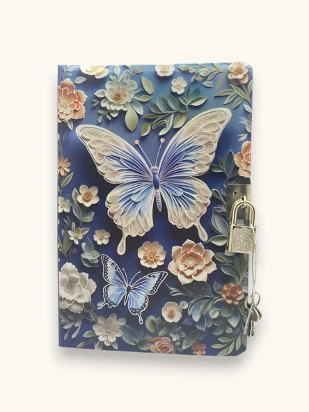 Mavi Büyük Kelebek 3D Görünümlü Hatıra Defteri (Günlük) Kilitli Defter 80 yaprak ürün görseli 1
