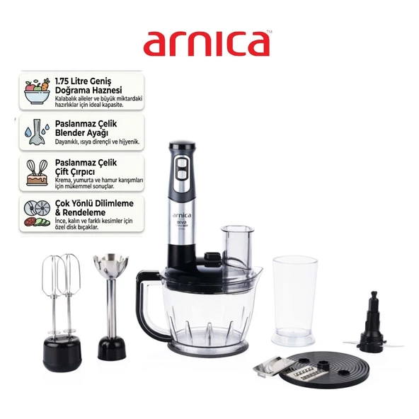 Arnica 1200 Watt Diva Trend Pro Blender Set GH21801 Rende Dilimleme Doğrayıcı Çırpıcı 1.75L Hazne Komple Mutfak Seti Gümüş ürün görseli 1
