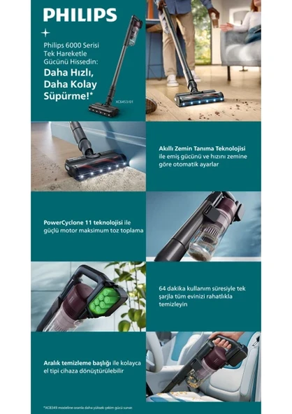 Philips 6000 Serisi PowerCyclone 11 Teknolojisi 64 Dakika Çalışma Süresi Şarjlı Dikey Süpürge XC6453/00 ürün görseli 1