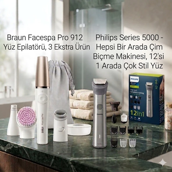 Braun FaceSpa Pro 912 Şarjlı Yüz Epilatörü 3’ü 1 Arada Epilasyon ve Cilt Bakım Seti Philips Series 5000 Hepsi Bir Arada, Yüz, Baş ve Vücut I12'si 1 arada ürün görseli 1