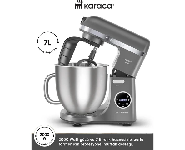 Karaca 2000W Yüksek Güçlü ve 7 Litrelik Büyük Hazneli Dijital Ekranlı Çırpma, Karıştırma ve Hamur Yoğurma Makinesi & Mutfak Şefi + Hassas Mutfak Tartı ürün görseli 1