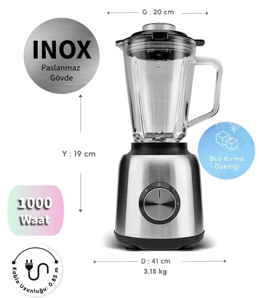 Karaca Pulse Özelliği ve 2 Kademeli Hız Ayarı 1000W Kompakt Tasarım Buz Kırıcı 6 Paslanmaz Çelik Bıçak Smoothie Blender ürün görseli 1