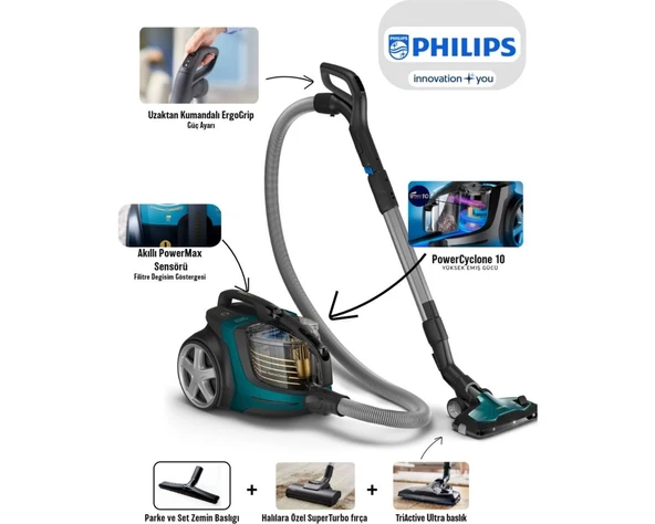 Philips Turbo Fırçalı- Yüksek Çekim Gücü ve Kalite, Akıllı Açılma/kapanma Özellikli +Led Başlık Torbasız Süpürge-Hediye Avantajlı Ürün ürün görseli 1